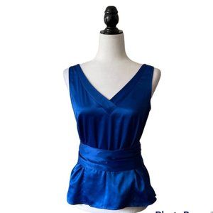 Ann Taylor blue v neck sleeveless belted top shell tank satiny